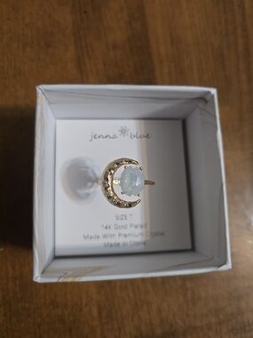 Gold Crescent Moon Ring with Iridescent Opal Stone - Jenna Blue